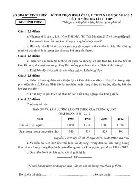 Đề và đáp án thi chọn học sinh giỏi Địa lí lớp 11 - Năm học 2016-2017 - Sở GĐ & ĐT Vĩnh Phúc